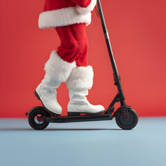 Santa Claus is riding an electric scooter delivering Christmas presents. Minimal holiday concept.