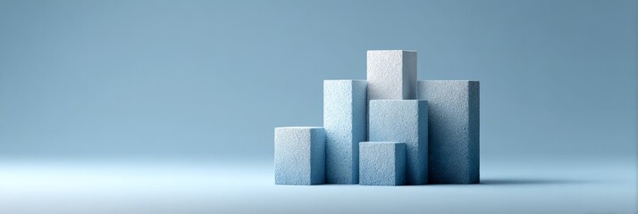 Abstract geometric blocks rise as a minimalist blue bar graph on a light background, representing data analysis, financial growth, economic development, progress and statistical insight