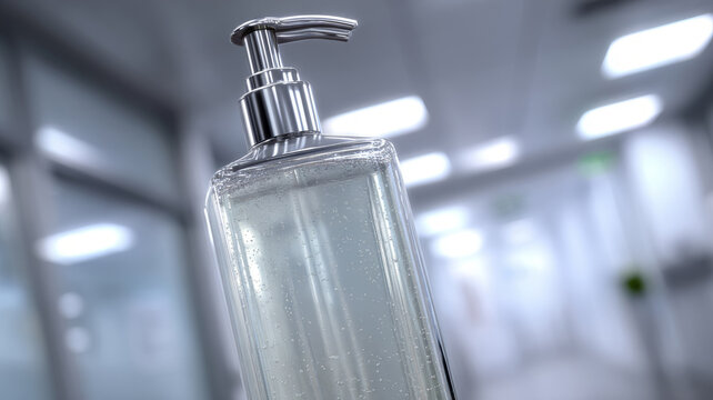 Close-up of a hand sanitizer bottle in a modern office setting.