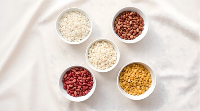 Top-down circle of plain ceramic bowls containing simple staples (rice, beans, lentils) arranged radially on a linen backdrop