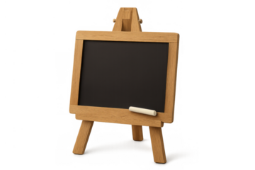 Blank chalkboard on wooden easel with a piece of white chalk for educational content and text, on transparent background