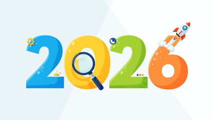 2026 numbers with magnifying glass and rocket celebrating new year and future forward thinking concept