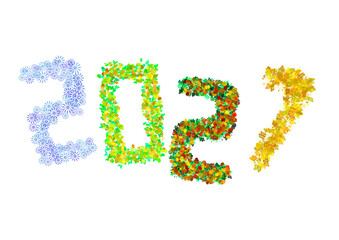 2027 écrit avec des flocons des feuilles et des fleurs