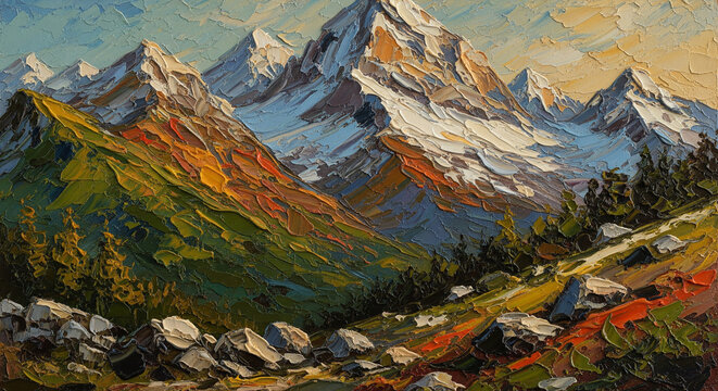 3D Textured oil painting wallpaper showing Alps mountains in earth tones with heavy impasto relief