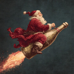 Santa Claus who rides on a bottle of champagne. Abstract Christmas Generative AI illustration. Happy New Year card.