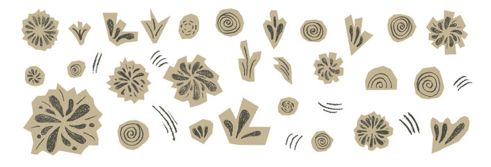 Fototapeta premium Hand-drawn firework sticker doodles. Collage cutout burst with crayon strokes. Scrapbook stars, confetti circles, and radial light rays. Firecracker vector set illustration isolated no background.
