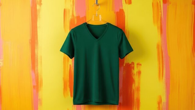 Black polo shirt mockup with green text customization mockup on wooden background