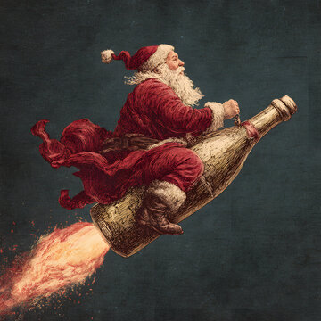 Santa Claus who rides on a bottle of champagne. Abstract Christmas Generative AI illustration. Happy New Year card.