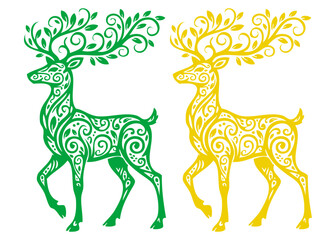 Símbolo del bosque. Silueta decorada con florituras de reno Rudolph de Santa Claus o ciervo, con ramas de árbol con hojas como astas 