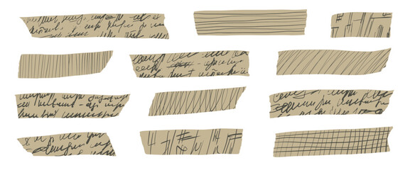 Obraz premium Craft washi tape collection with decorative paper strips, sticky masking elements, and vintage scrapbook stickers for creative craft projects and journal decoration. Vector script poem textured tapes.