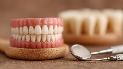 Dentures gleaming brightly with dental tools, perfect smile, healthy gums, and meticulous oral care promoting dental health and hygiene concepts