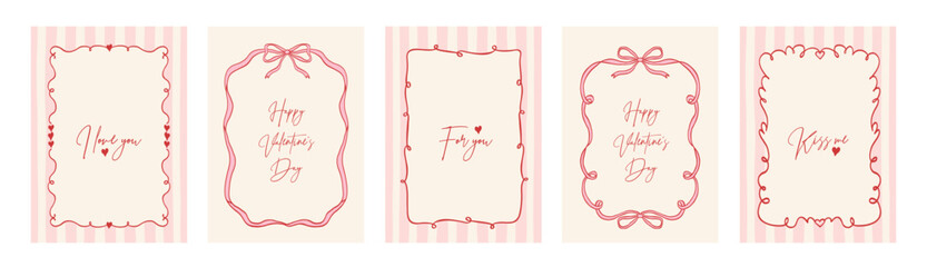 Set of vintage hand drawn Valentine's day cards with frames in whimsical lines, bows, hearts, ribbons. Vector elegant coquette line art backgrounds. Holiday borders for poster, wedding invitation.