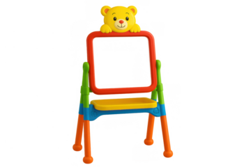 Colorful children's art easel toy with a smiling bear head, promoting creativity and learning, transparent background
