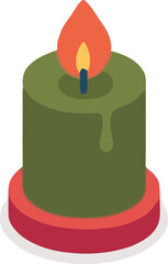 Isometric illustration of a lit green candle on a red base isolated on