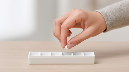 Hand placing a white pill into a weekly medication dispenser, symbolizing wellness, regular dose management, daily health routine, and organized medical treatment with copy space