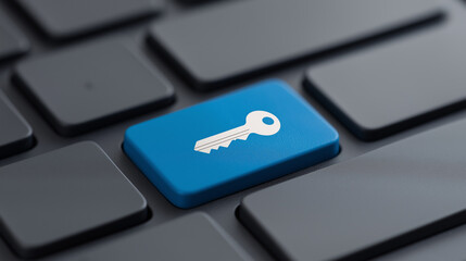 Blue keyboard button displaying a white key icon, symbolizing digital security, data protection, privacy, online access, encryption, login authentication, and cybersecurity measures