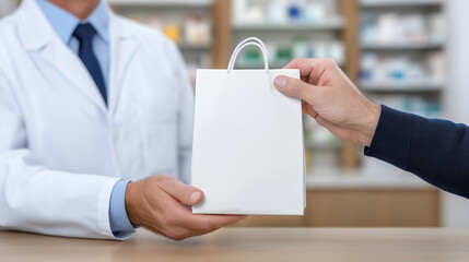 Pharmacist providing medicine to a customer in a white paper bag at the pharmacy counter, offering professional healthcare service and prescription filling