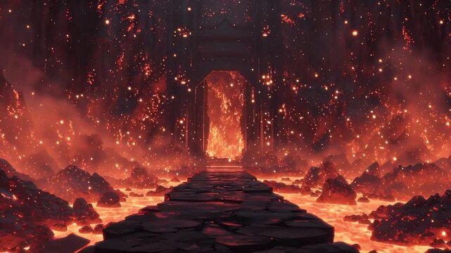 The Fiery Portal A Gateway to Hell's Burning Depths of the Underworld, Where Volcanic Lava Flows Through the Obsidian Path in the Heart of Darkness