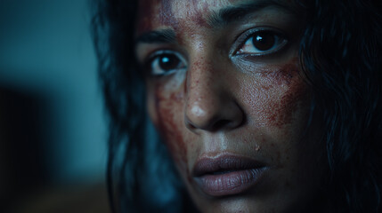 Fototapeta premium Scared woman with streaked blood and tear on her face, experiencing trauma, looking intensely, representing fear, violence, and survival in a dramatic close up