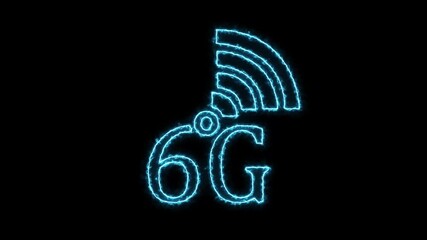 6G network with wi-fi icon animation glowing neon blue color broadband network computer and smartphone wireless internet sign symbol on black background - Powered by Adobe