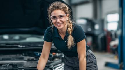 Young female mechanic smiling at the camera, wearing safety glasses and a dark blue polo shirt, leaning on a car with its hood open in a professional garage setting with copy space