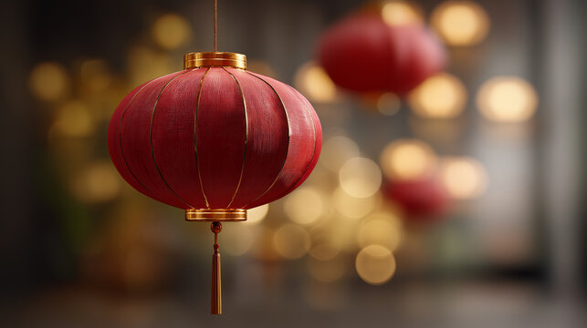 Red chinese lanterns providing festive decoration, symbolizing traditional cultural celebration, good luck, prosperity, with golden bokeh lights creating a vibrant, blurred background with copy space