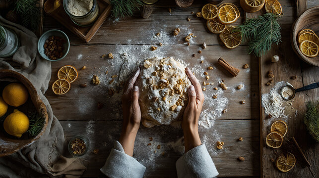Hands shaping homemade walnut dough on a rustic wooden table with flour, cinnamon sticks, dried orange slices and pine sprigs, cozy winter holiday baking scene - Powered by Adobe