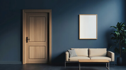 Inviting living room scene featuring a beige sofa, wooden coffee table, and a mockup poster, set against a rich dark wall in Scandinavian style decor
