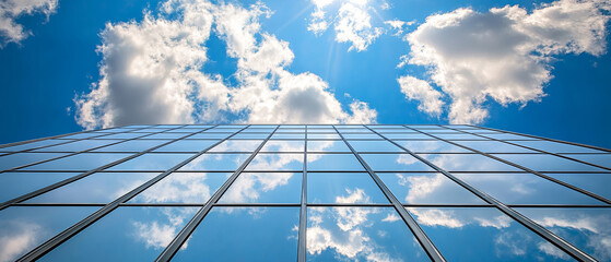A low-angle view showcases a modern office building with glass facades reflecting a blue sky and clouds, embodying contemporary design