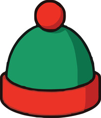 Simple cartoon illustration of a green and red winter beanie hat isolated on