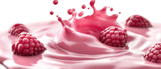 Dynamic splash of raspberry milk features fresh raspberries, showcasing vivid light and color in a highly detailed, wide-angle view that captivates the senses