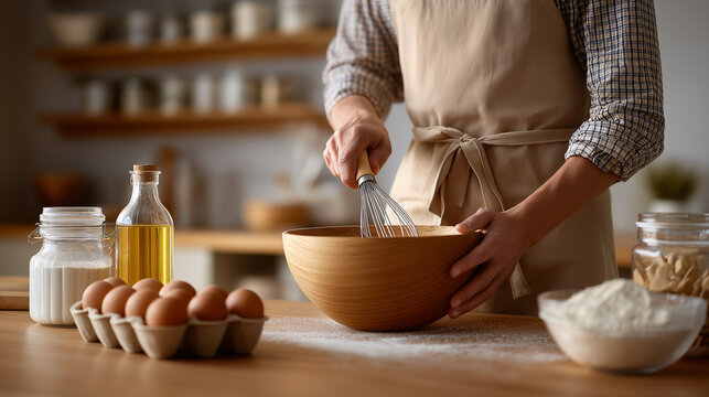 Person in apron mixing ingredients in a wooden bowl with a whisk, preparing food or dough for baking in a home kitchen, showing hands at work with fresh eggs and flour with copy space