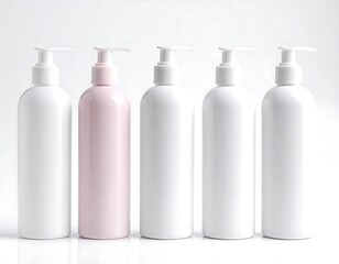 Cosmetic bottles mockup, white and pink packaging for lotion or soap, isolated background