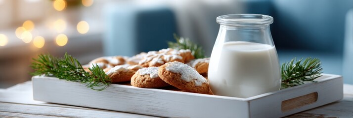 Festive cookies and milk on a tray with pine sprigs in cozy setting