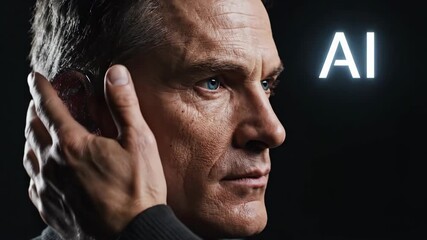 Man with metallic ai face overlay covering eyes in sequence. Cyber technology integration revealing human ai interaction. Digital enhancement concept for tech advertising. - Powered by Adobe