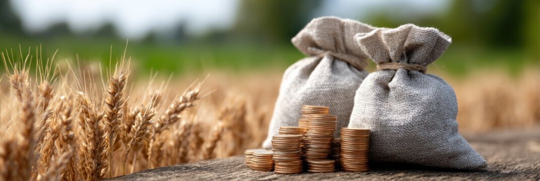 Burlap sacks and stacks of coins on wooden table in wheat field
