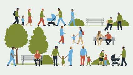 Fototapeta premium Illustration of people in a park setting, walking, sitting, and enjoying the outdoors.