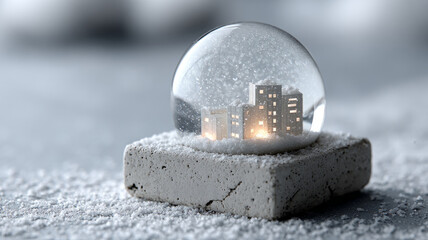 Miniature city inside a snow globe on a concrete block.