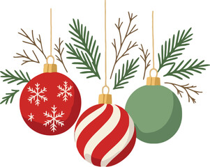 Three hanging christmas ornament decoration with pine branch