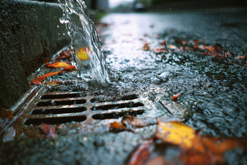 Water flows through a storm drain hatch as rain falls and leaves collect around it on a quiet street
