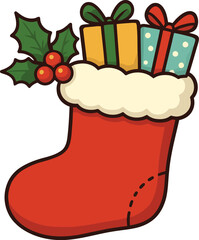 Cute cartoon christmas stocking filled with gifts and holly isolated on