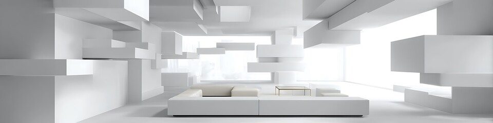 Abstract living room floating in white void with suspended elements