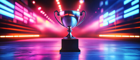 A gleaming sports trophy stands prominently on stage, surrounded by vibrant neon lights and screens, capturing the excitement of the award ceremony atmosphere