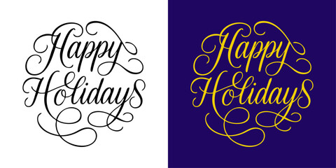 Logo de Navidad. Grupo de mensajes Happy Holidays con florituras de adorno para tarjetas y felicitaciones	