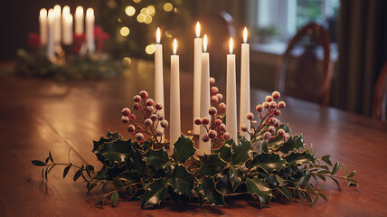Christmas Day Candlelit Centerpiece with Holly and Berries on Festive Dining Table Near Tree