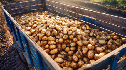 A wide shot shows a trailer filled with large, shiny potatoes during harvest time, basking in bright sunlight in a scenic field