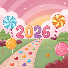 Vibrant and colorful background featuring the year 2026 surrounded by pastel stars, perfect for festive celebrations, designs, and artistic decorations,  and lollipops leading towards the year "2026" 