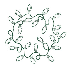 Drawn round garland on white background, Christmas green doodle