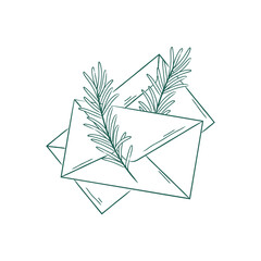 Christmas letters, New Year's envelopes with fir branches. Isolated vector illustration