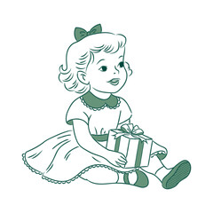 Girl with gift in her hands. Vintage illustration for New Year or children's birthday, green outline, doodle element